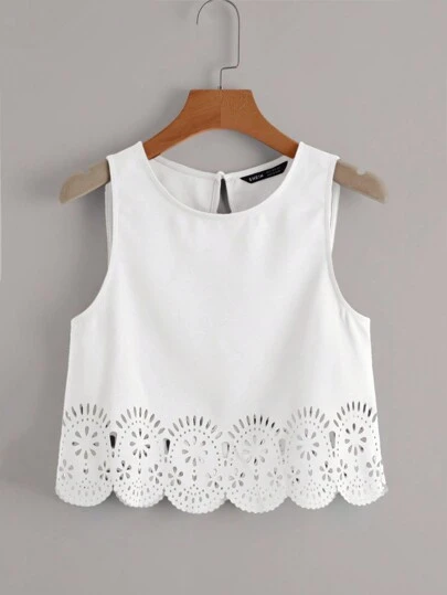 SHEIN LUNE Woven Solid Color Casual Versatile Hollow Hem Tank Top,Casual