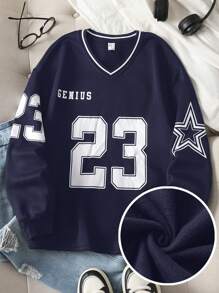 SHEIN Teen Girl's Solid Color Ribbed Collar Numeric & English Letter Print Loose Casual Hoodie,In Fall/Winter