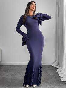 Modelyn Women's Solid Color Simple Arabic Style Casual Dress, Everyday Wear Long Evening Dresses - Navy Blue - View 5