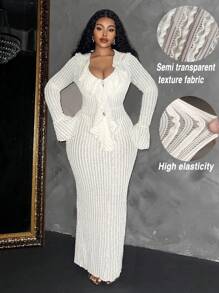 Maweii Plus Size Women Semi-Sheer Textured Ruffle Hem Party Dress Maxi Women Outfit - Beige - View 1