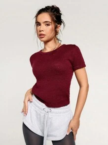 Athîral Women Casual Solid Color Slim Fit Short Sleeve Knit Top - Burgundy - View 5