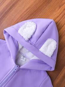 SHEIN Girls' Black Zip-Up Hooded Jacket With Fuzzy Lining, Suitable For Autumn And Winter - Purple - View 7