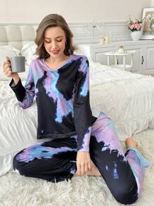Tie-Dye Print Casual Women Long Sleeve And Long Pants Pajama Set