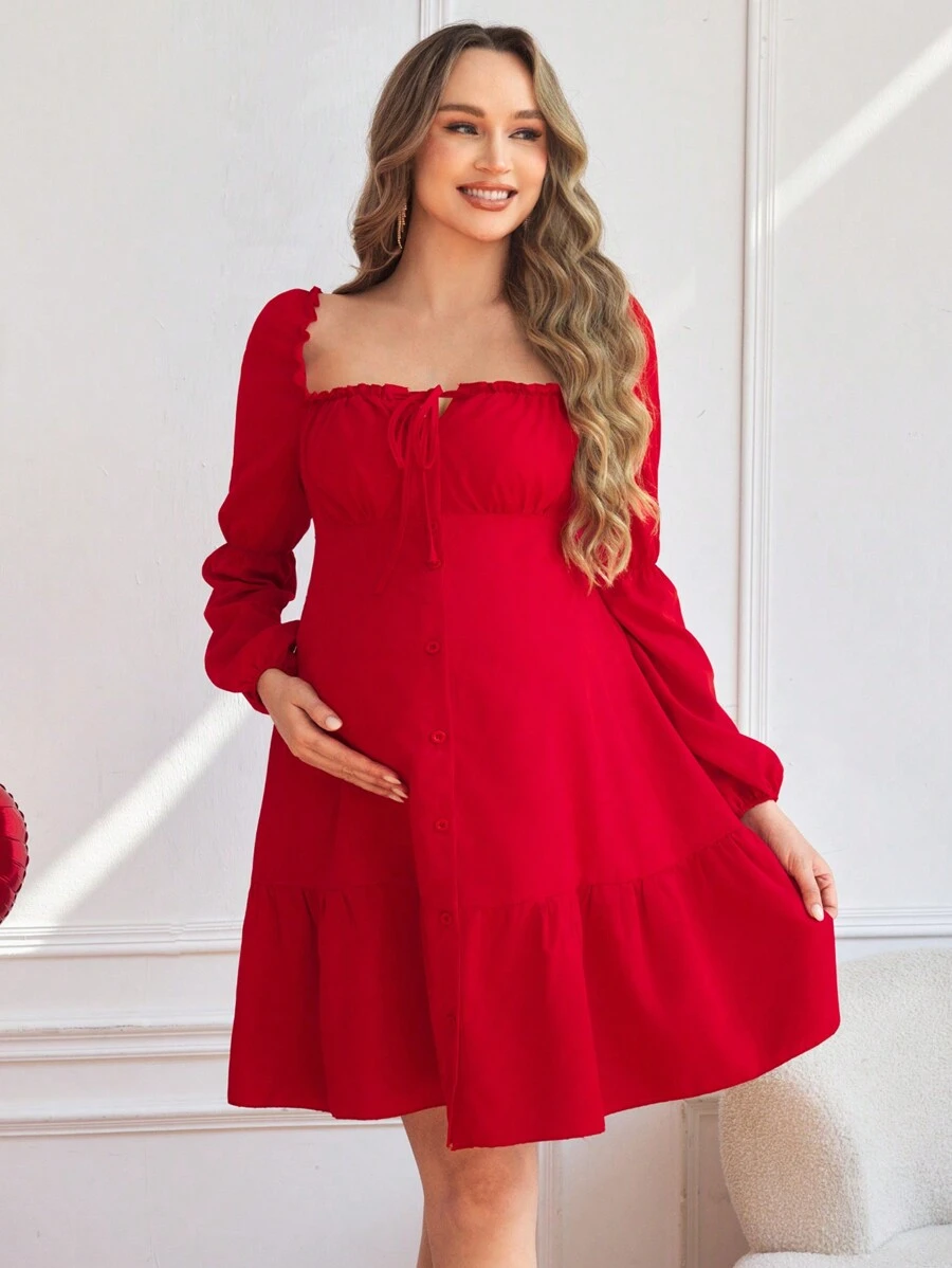 SHEIN A 字低圆领泡泡袖荷叶边下摆连衣裙