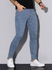 Manfinity Homme Men's Casual Washed Slim Fit Skinny Jeans - Medium Wash - View 3