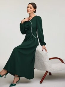 Modelyn Women's V-Neck Lantern Sleeve Pleated Elegant Arabian Modest Long Sleeve Dress Long Evening Dresses