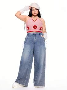 ROMWE Kawaii Plus Size Cute 3D Flower Backless Halter Neck Sweater Vest - Pink - View 6