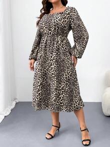 SHEIN Clasi Große Größen elegantes figurbetontes Kleid mit Leopardenmuster und silbernen Linien, Langarm