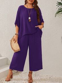 EMERY ROSE Plus Size Women's Dark Blue Batwing Sleeve Round Neck Shirt And Wide Leg Pants Set With Pockets For Summer