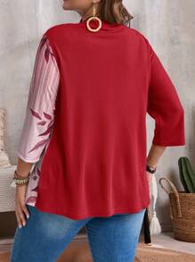 EMERY ROSE Plus Size Women's Print Solid Color Long Sleeve Fall T-Shirt - Red - View 2