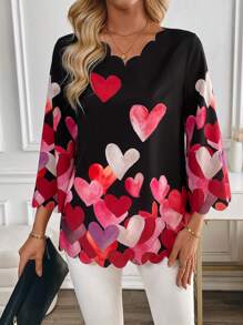 EMERY ROSE 女士心形印花V领七分袖宽松衬衫（情人节款） - 彩色 - 查看 5