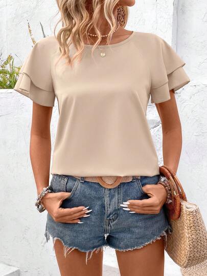 Balvessa Women's Solid Color Raglan Sleeve Ruffled Casual Blouse