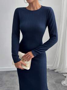 RueChic Casual Style, Textured Crew Neck Long Bodycon Dress - Navy Blue - View 3