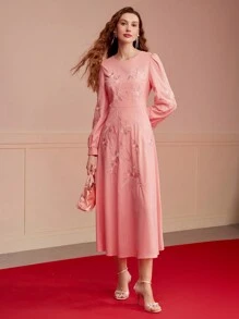MOTF PREMIUM FLORAL EMBROIDERY DRAPED DRESS,SPRING/SUMMER - Pink - View 2