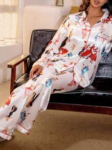 SweetSlumber Elegante conjunto de pijama de mujer con estampado de baile en satén