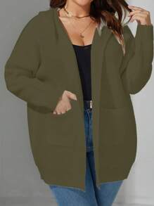 Calvaya Plus Size Women Letter Pattern Casual Drop Shoulder Hooded Cardigan Sweater, Winter Fall Cloth For Women - Green - View 4