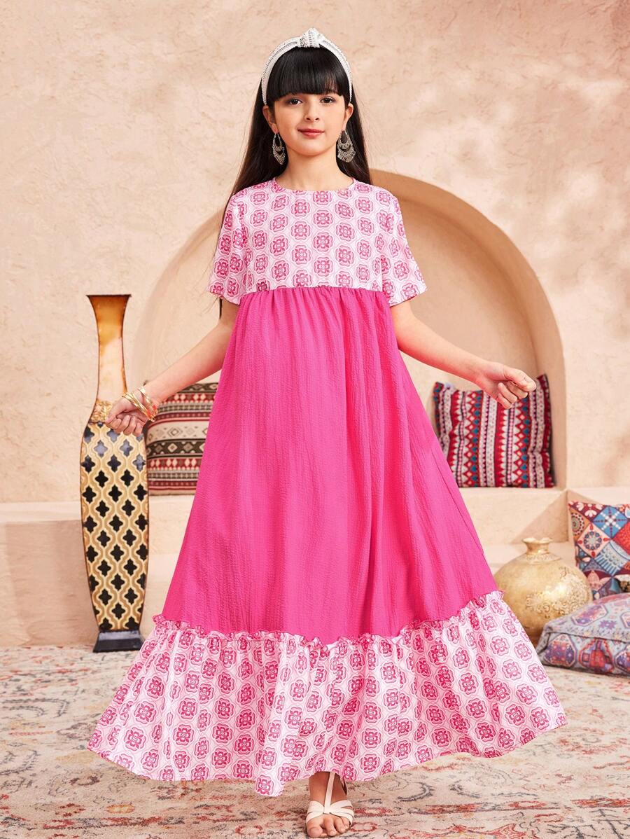 SHEIN Leap Crew 少女度假风格圆领拼布短袖连衣裙 - 粉色 - 查看 1