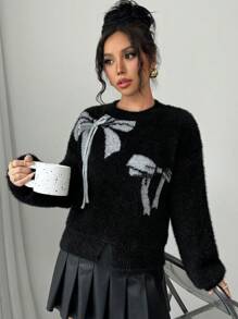 Elenzga Loose Fit Crew Neck Bow Pattern Knit Sweater, Casual Solid Color Pullover, Autumn/Winter Knit Pullover Fall