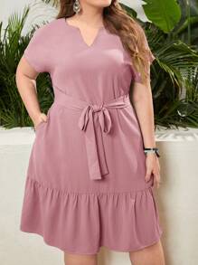 EMERY ROSE Đầm thường ngày cổ chữ V tay ngắn có túi bèo nhún cho nữ cỡ lớn Trang phục mùa xuân đồng quê dành cho nữ Trang phục mùa hè dành cho nữ Quần áo Boho cho nữ Váy mùa hè dành cho nữ Váy cỡ lớn - Hồng - Xem 1