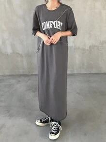 FRIFUL 女士撞色线条与字母印花长裙