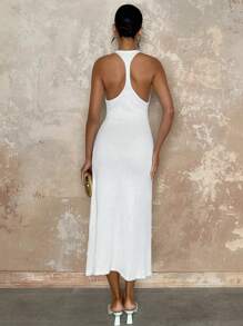 Glamine 女士 V 领优雅露背 A 字形无袖长款毛衣连衣裙，适合通勤穿着 - 白色 - 查看 2