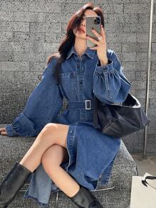 DAZY Vestido camisero de manga larga con cintura y cuello de mezclilla para mujer - Azul - Ver 3