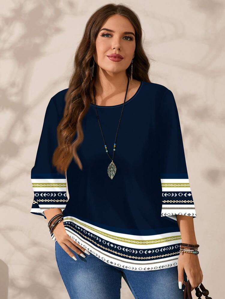 Plus Size Women's Casual Pattern Retro Printed Loose Fit Round Neck 3/4 Sleeve Blouse, Suitable For Spring And Summer Fall Clothes Chic Blouses For Women,Vacation