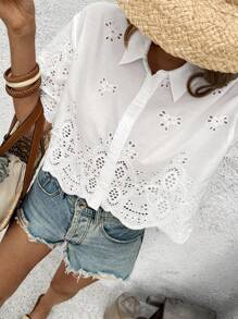 Vivid Eden Koszula damska z krótkim rękawem i swobodną teksturą z przodu, z rozcięciem na plecach