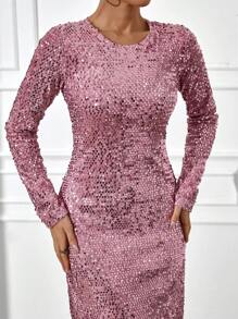 EURMUSE Elegant Style, Sequin Long Line Bodycon Dress - Pink - View 5