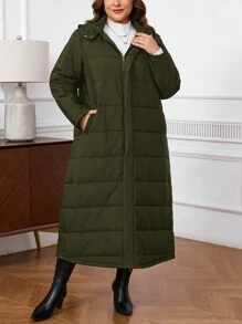 SHEIN Privé 大码长款宽松连帽外套，秋冬 - 軍綠色 - 查看 6