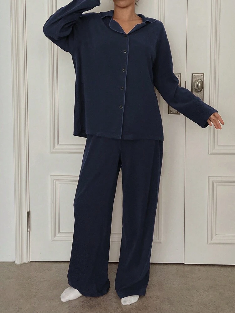 Cozy Deep Blue Two Piece Pajama Set For Women Long Sleeve Button Front Top And Wide Leg Pants