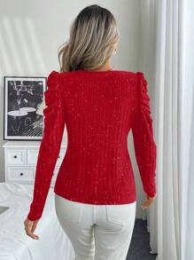 Chiquease Casual Round Neck Puff Sleeve T-Shirt With Flock Spangle Corrugated Detail