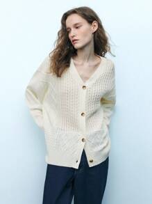 Maija 女式新年麻花纹理宽松百搭白色 V 领开衫，节日 - 白色 - 查看 6