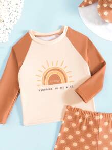 SHEIN 2 件套男婴时尚简约太阳印花衬衫和泳裤沙滩装 - 紫紅色 - 查看 3