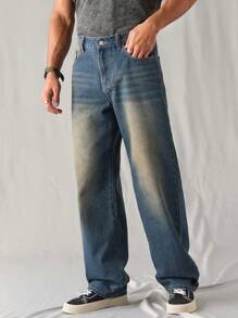Manfinity Hypemode Men's Dark Blue Vintage Washed Loose Fit Straight Leg Jeans - Dark Wash - View 3