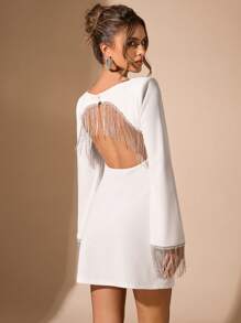 SHEIN BAE Autumn Long Sleeve Rhinestone Tassel Backless Flare Sleeve Mini Dress, Date Night Party Club Outfit,Valentine's Day,Valentine Outfits For Women,Valentine's Day,Valentine Outfits For Women - White - View 8