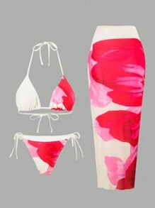 Swim Oasis Women 3pcs Floral Halter Tie Bikini Set, Sexy Summer