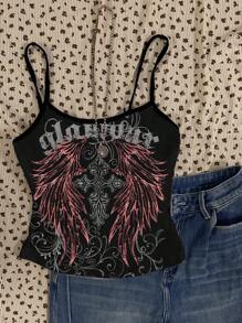 SHEIN EZwear Women's Casual Sexy Cross Wing Pattern Camisole, Bodycon Style, Suitable For Summer