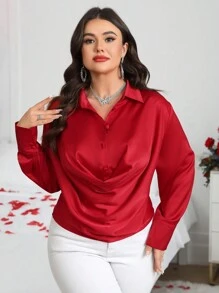 SHEIN Clasi حجم كبير المرأة فالنتاين الأحمر الياقة المنخفضة كم طويل بلوزة - الأحمر - مشاهدة 4