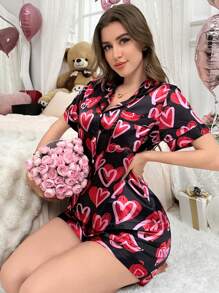 SHEIN Conjunto de pijama para mujer con estampado de corazones en estilo Ins, ideal para el Día de San Valentín - Multicolor - Ver 4