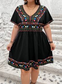 SHEIN CURVE+ Plus Size Black Mexican Print V-Neck Spring And Summer Women's Dress Boho Vacation,Beach Dress Sundress,Holiday Outfits - Black - View 5