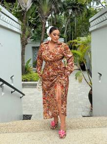 SHEIN SXY Plus Size Women's Long Sleeve Paisley Brown Polka Print Shirt Collar Drawstring Side Slit Midi Dress,Boho Autumn Holiday Vacation Daily Casual Party - Multicolor - View 1