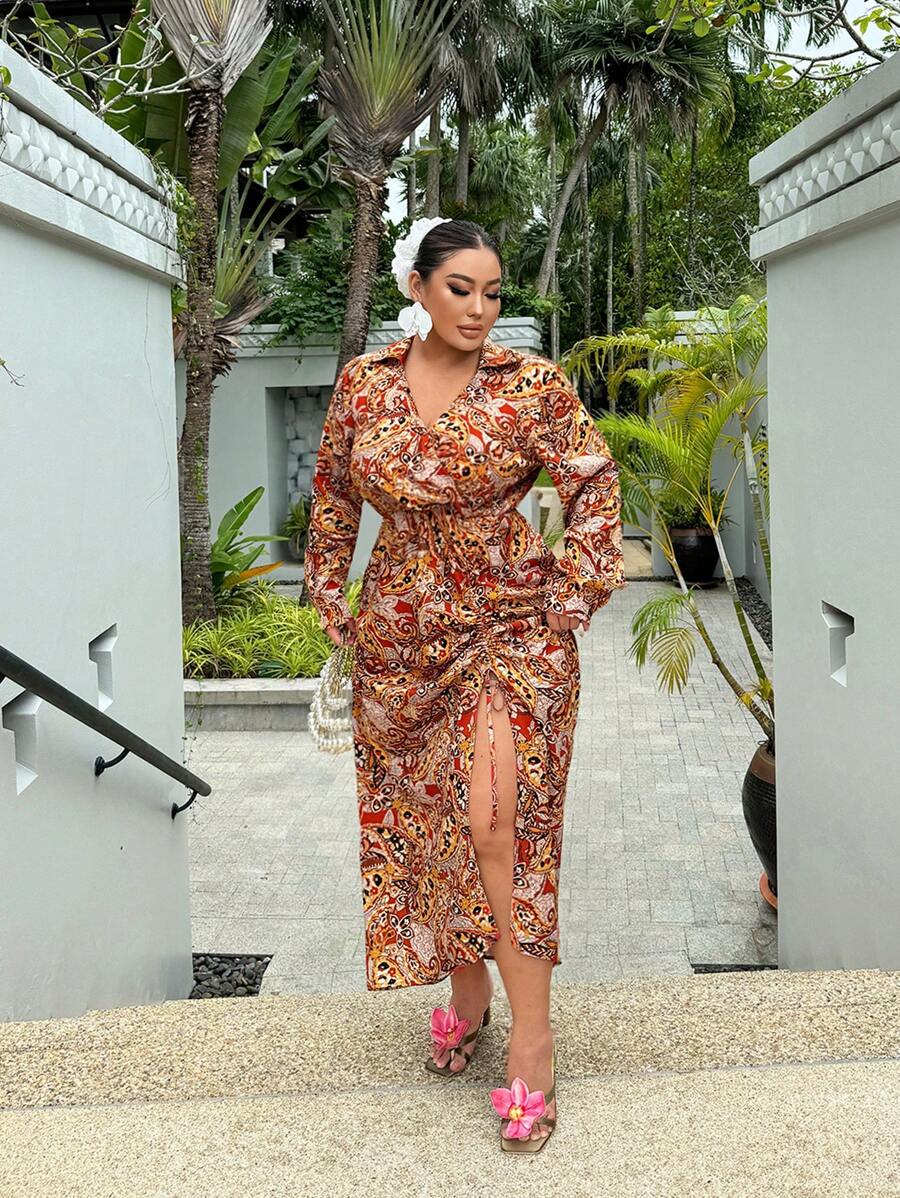 SHEIN SXY Plus Size Women's Long Sleeve Paisley Brown Polka Print Shirt Collar Drawstring Side Slit Midi Dress,Boho Autumn Holiday Vacation Daily Casual Party - Multicolor - View 1