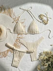 Swim Mod 3 件套女士沙滩装，纯色纹理面料露背性感复古比基尼泳装套装，适合夏季海滩度假 - 杏色 - 查看 1