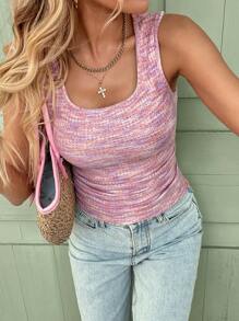 SHEIN LUNE Áo ba lỗ cổ vuông dệt kim nhiều màu sắc thường ngày cho nữ, trang phục cơ bản hàng ngày cho mùa xuân và mùa hè - Hồng - Xem 3