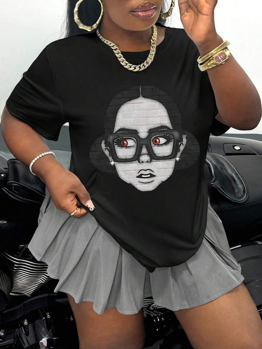 INAWLY Plus Size Funny Portrait Contrast Color Round Neck Women T-Shirt Graphic Tees Women Tops, For Summer - Black - View 1