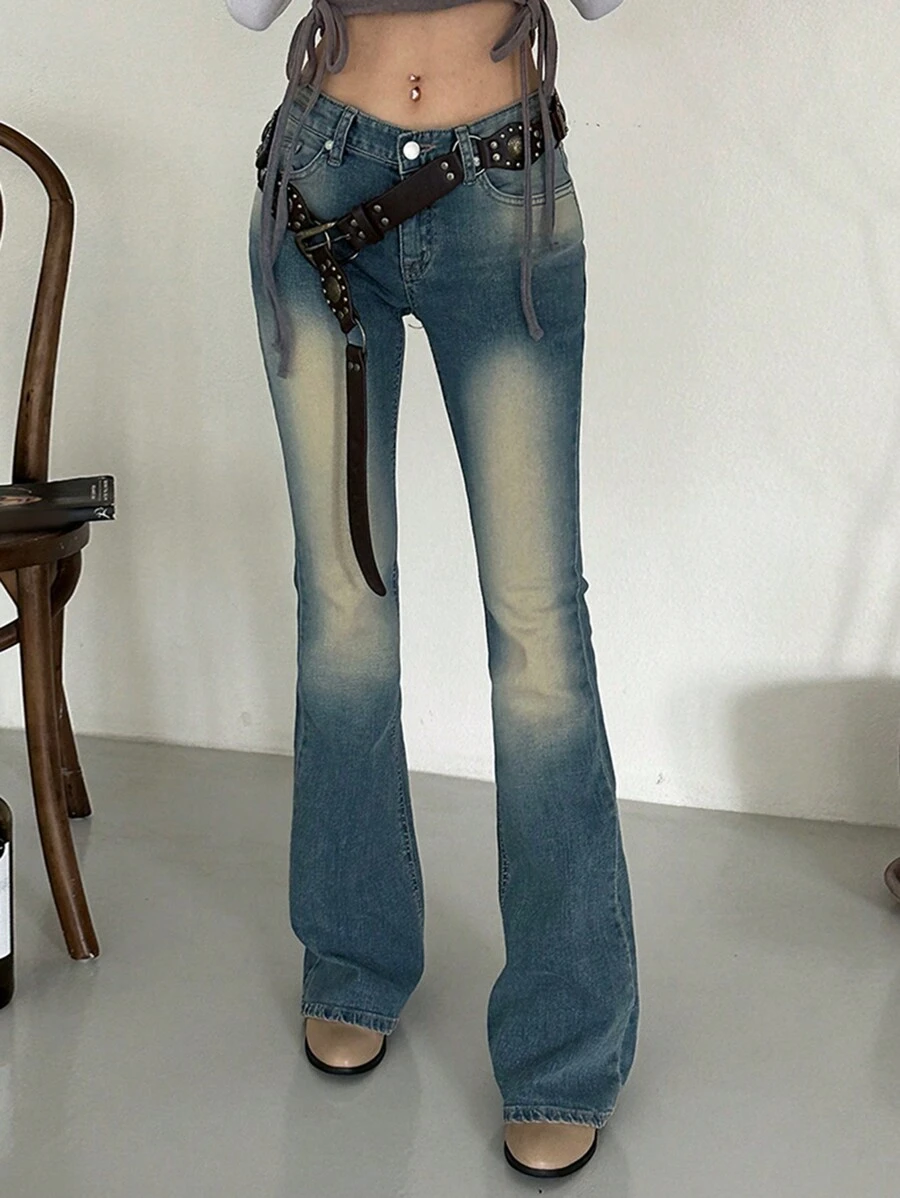 DAZY 女士水洗做旧修身喇叭牛仔裤，全年供应低腰牛仔裤 - 藍色 - 查看 1