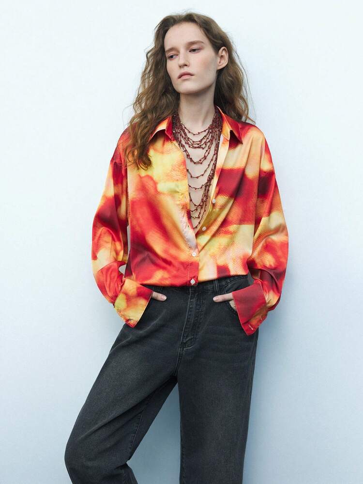 SHEIN Maija Women's Tie-Dye Pattern Printed Red Loose Fit Casual Long Sleeve Blouse, Christmas Holiday Wear Valentine's Day,Festival