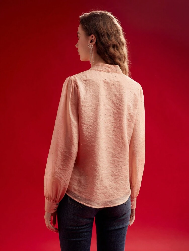 RHINESTONE DETAIL TIE NECK BLOUSE,SPRING/SUMMER