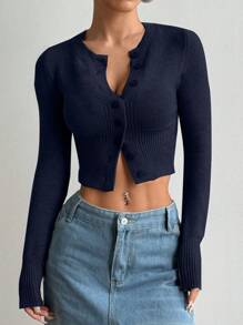 SHEIN Unity Women's Solid Color Front Button Long Sleeve Casual Blouse - Navy Blue - View 7